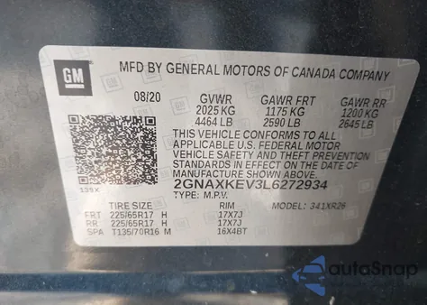 2020 Chevrolet Equinox Fwd Lt 1.5L Turbo из США, поврежденный, VIN 2GNAXKEV3L6272934